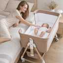 Baby Bassinet, 3 in 1 Bedside Bassinets for Baby, 6 Height Adjustable Bassinet Bedside Sleeper with Mattress, Breathable Mesh, Lockable Univesal Wheels, Storage Basket, Easy to Assemble（Khaki）, Crib