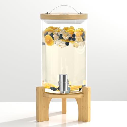 VOVUVK 1 Gallon Glass Drink Dispenser For Parties, Beverage Dispenser With Bamboo Wood Stand And Stainless Steel Spigot, Countertop Water Dispenser, Lemonade Dispenser For Wedding, Picnic (1PACK)