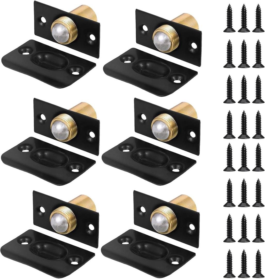 6Pack Door Ball Catch Replacement, Adjustable Closet Ball Bearing Door Latch, Strong Drive Closing Door Accessories for Interior Doors, Solid Brass Body & Stainless Steel Strike Plate Black