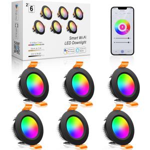 inShareplus 2 Inch Smart Recessed Lighting, 6 Pack WiFi Black LED Downlight 5W 120V, Dimmable RGBCW 2700-6500K Color Changing, Compatible with Alexa/Google, Ceiling Lights with LED Driver