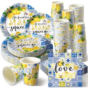 Zhehao 250 Pcs Capri Lemon Bridal Shower Plates Napkins Sets 50 Pcs 9'' Dinner Plates and 7'' Dessert Plate and 9oz Cups 100 Napkins Serves 50 Party Supplies Bridal Shower Engagement Decoration (Blue)