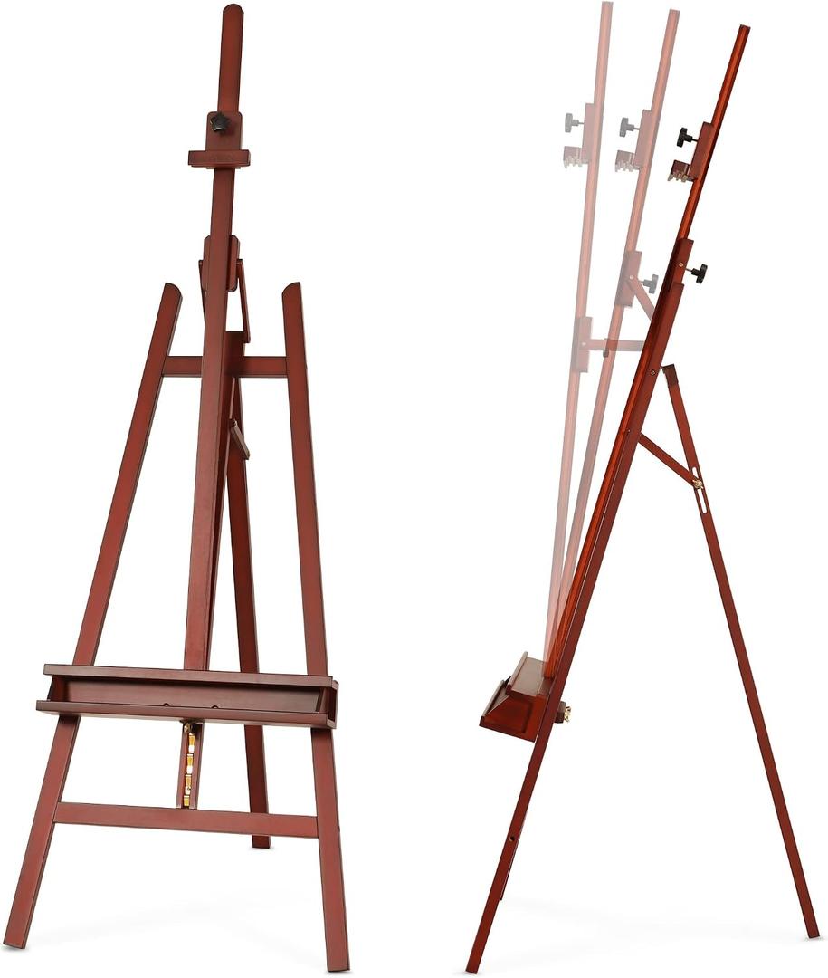 Inclinable A-Frame Easel for Painting & Display, Adjustable 65"-89" H, Holds Canvas up to 49", Beech Wood Easel Stand with Storage Tray, Large Art Easel for Adults, Artists, Beginners - Walnut