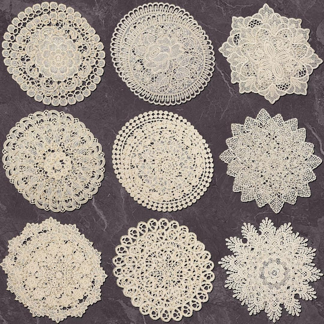 Mimorou 18 Pieces 8 Inch Beige Lace Doilies for Tables Crochet Doilies Vintage Cotton Lace Coasters Handmade Round Placemats Rustic Table Decor for Kitchen Dining Room Wedding Cup Vase Decoration