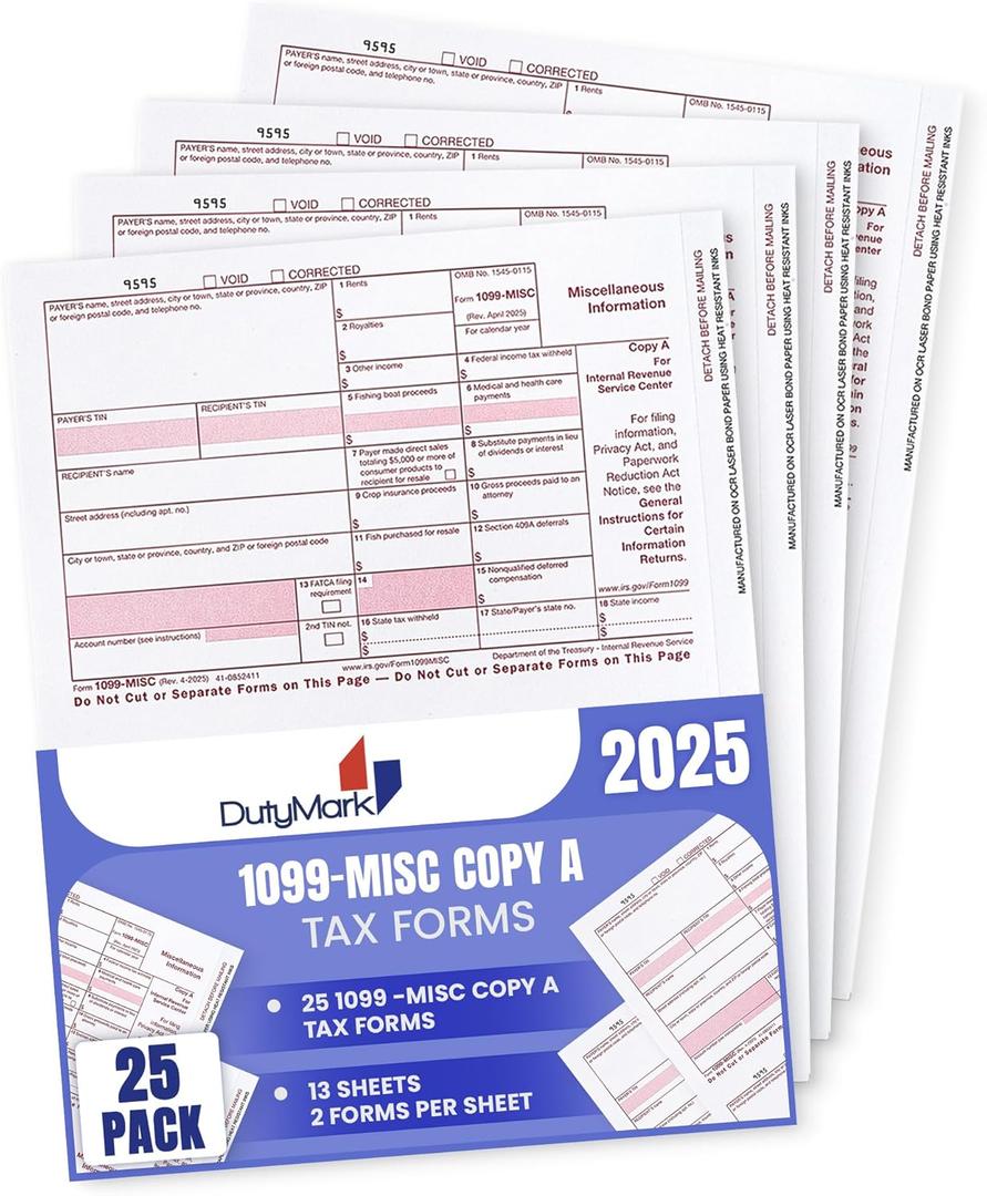 1099 MISC Copy A 2025 Federal Income Laser Tax Forms -Compatible with QuickBooks and Accounting Software, Pack of 25 Tax recipients, Copy A 1099 MISC ONLY