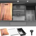 33inch Drop In Kitchen Sink Metal Black - Feibus 33x22x10 Sink with Double Step Workstation 16 Gauge Honeycomb Embossment Stainless Steel Single Bowl