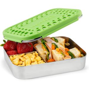 LunchBots Large Trio Stainless Steel Lunch Container -Three Section Design for Sandwich and Two Sides - Metal Bento Lunch Box - Eco-Friendly - Stainless Lid - Green Dots