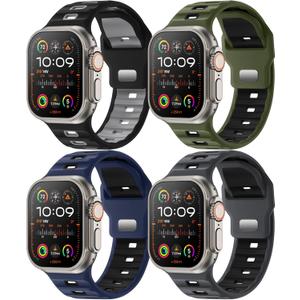 4-Pack Sport Bands Compatible with Apple Watch Ultra 2/Ultra Band 49mm 46mm 45mm 44mm 42mm for Men, Waterproof Silicone Strap Soft Breathable Wristband for iWatch Serise 10 9 8 7 6 5 4 3 SE (Olive Green-Black/Navy Blue-Black/Black-Gray/Blue Gray-Black)