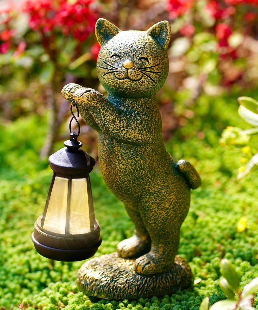 Cat Statues for Garden Decor: Outdoor Sculpture with Warm Lights for Balcony Lawn Patio Yard - Gifts for Mom Grandma Women