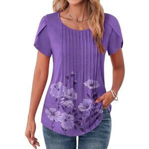 Zeagoo Womens Tops Petal Short Sleeve Summer Casual Crew Neck Shirts Floral Solid Blouse Pleated Tunics, M