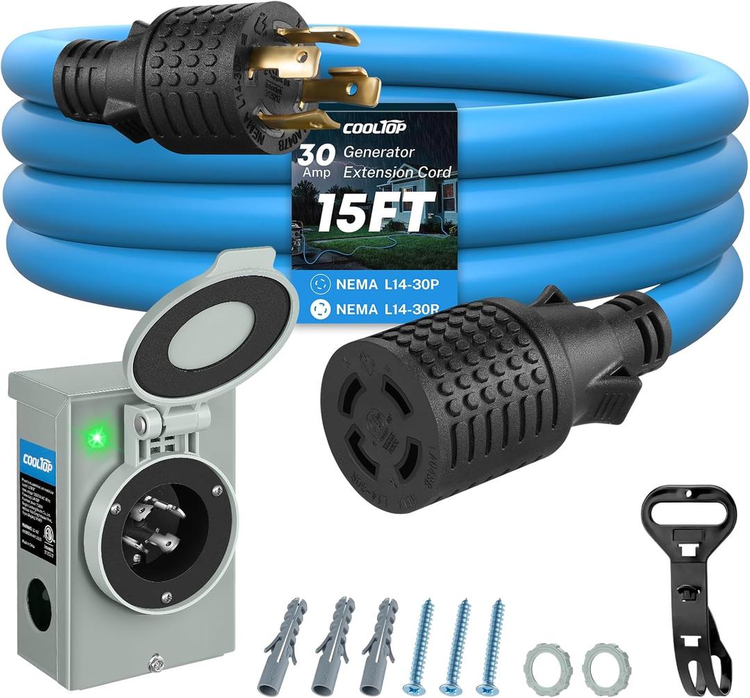 COOLTOP 30 Amp Generator Cord and Power Inlet Box Kit, 15FT 4 Prong Generator Extension Cord 10 Gauge Cable 125/250V NEMAL1430P to L1430R Pre-Drilled Inlet Box Emergency Power Kit, ETL Listed