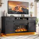 59'' Fireplace TV Stand with 3D Flame Electric Fireplace Heater, 34'' Tall Farmhouse TV Stand for 65 Inch TV, Entertainment Center TV Console with 2 Drawers, Sliding Barn Door for Living Room - Black