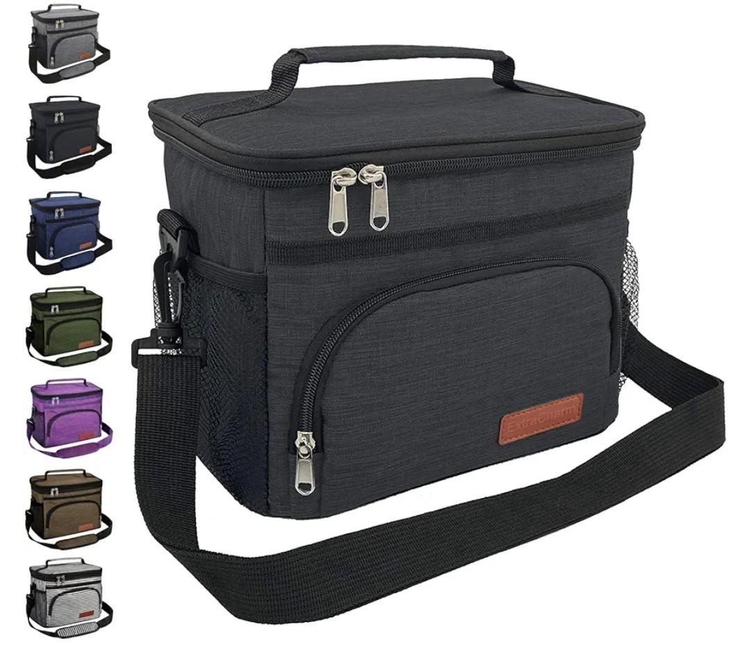 ExtraCharm Insulated Lunch Bag for Women/Men - Reusable Lunch Box for Office Picnic Hiking Beach - Leakproof Cooler Tote Bag Organizer with Adjustable Shoulder Strap for Adults - Black