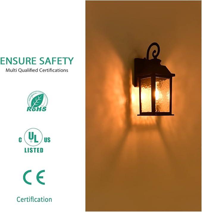 Dusk to Dawn Outdoor Wall Lantern Porch Light Exteriors House Lights Wall Mount Waterproof Anti-Rust Modern Black Sconce Small for Patio Light Fixtures with Water Rippled Glass 1pc (Bulb Not Included)