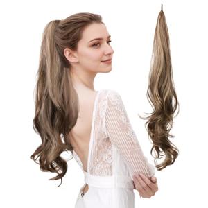Ladies Ponytail Extensions Girls Flexible Curl One Piece Clip 32 inches Synthetic Wigs Pony Tail Hair Highlighted Hairpiece Women Wavy Hairpiece Khaki