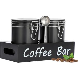 ELLDOO Coffee Containers with Shelf & Scoop - 2 Pcs 23.7OZ(700 ML) Black Metal Coffee Storage Jars with Airtight Lid, Kitchen Food Storage Jars for Coffee Beans, Coffee Powder, Nuts, Snack, Sugar, Tea