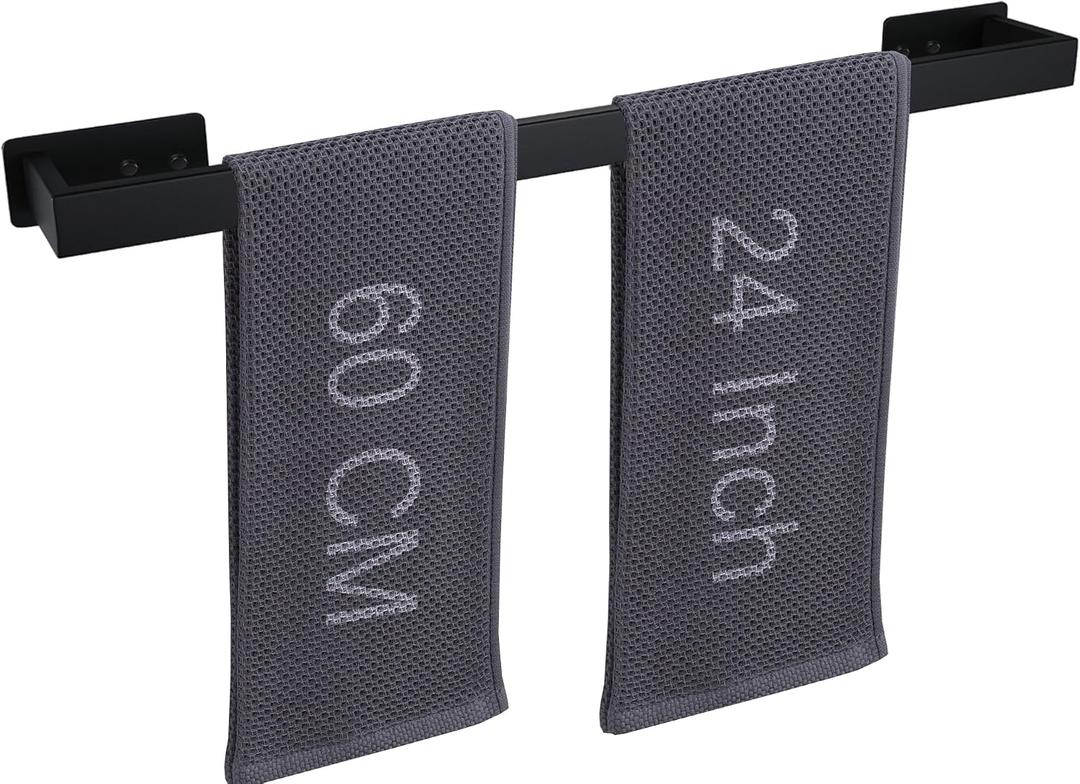 LANC Matte Black 24-Inch Bath Towel Rack Self-Adhesive Bathroom Towel Bar for Wall Mounted and Drill Free Towel Rod, Sticky on Kitchen Bathroom Towel Holder Stainless Steel, A8310MB-L6