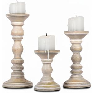 Mela Artisans Mango Wood Pillar Candle Holders Set of 3, Hand-Carved Whitewashed Decorative Candles for Living Rooms, Centerpieces & Mantel Decor