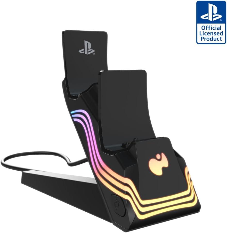 PDP Afterglow Wave LED Dual Gaming Charger for 2 PlayStation 5 DualSense Controllers, Compatible with PS5 and PS4, Customizable RGB Lighting Effects - Black