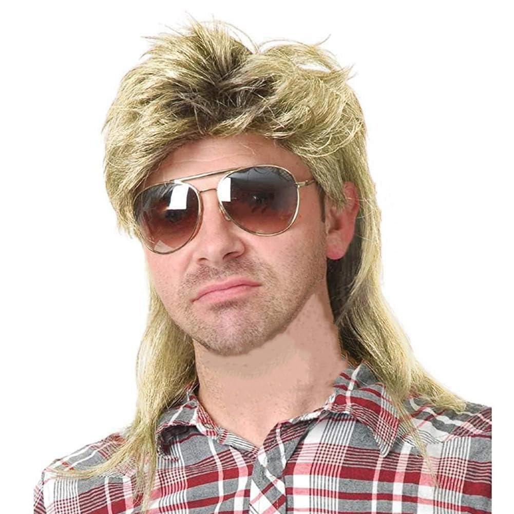 Swiking Mens Mullet Wig Blonde and Dark Foot Retro 70s 80s Disco Rocker Curly Punk Fancy Party Halloween Cosplay Costume Full Wigs (Black and Blonde)