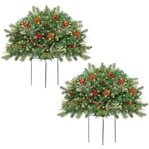 Outdoor Christmas Tree Frosted Urn Filler 2 Set, Pre-lit Artificial Xmas Tree with Cones & Red Berries, Small Christmas Tree with 70 Warm Lights