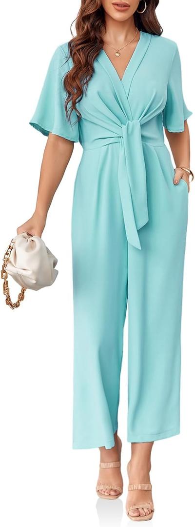 Cicy Bell Women's Elegant V Neck Jumpsuits Dressy Casual Short Sleeve Wide Leg Long Pants Rompers (XX-Large, Light Green)