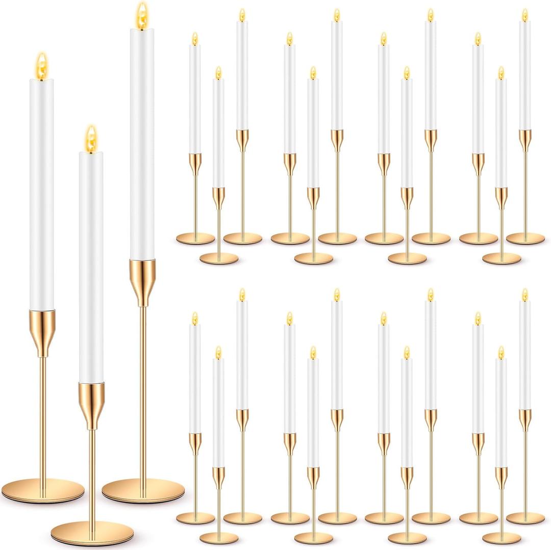 FillTouch 30 Pcs Gold Candlestick Holders with Flameless LED Candles Bulk Includes 15 Metal Candle Holders and 15 Battery Operated Taper Candles for Wedding Valentines Table Centerpieces Home Decor