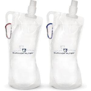 Survivor Filter Clear Collapsible Water Bottles - Travel, Hiking, Foldable, BPA-Free - 2 x