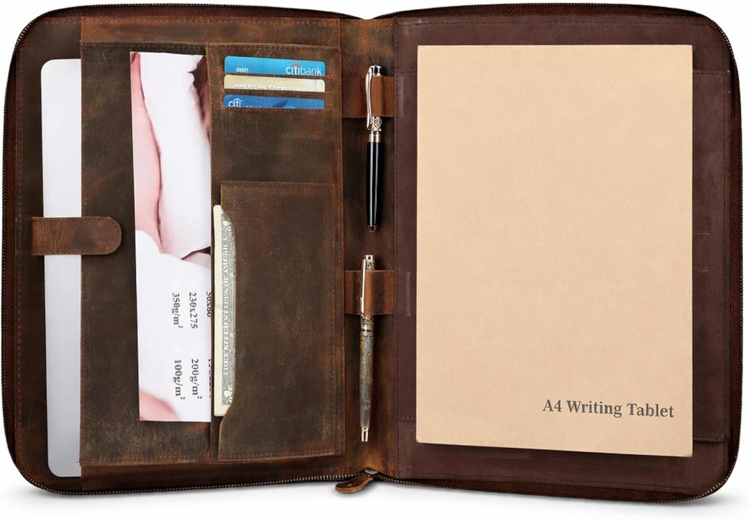 Genuine Leather Padfolio Zipper Portfolio with 13 Inch Laptop Pocket, Professional Business Organizer for Documents, Cards & Writing Pad, A4/Letter Size Portfolio Folder