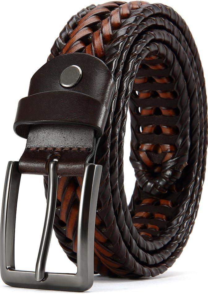 Leather Braided Belts Men Golf Belt 1 3/8" Woven Belt Casual Jeans Gift Box (42"-46"Waist Adjustable, Deep Brown)