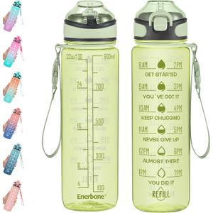 Enerbone 32 oz Water Bottle with Times to Drink and Straw, Motivational Drinking Water Bottles with Carrying Strap, Leakproof BPA & Toxic Free, Ensure You Drink Enough Water for Fitness Gym Outdoor (Olive)