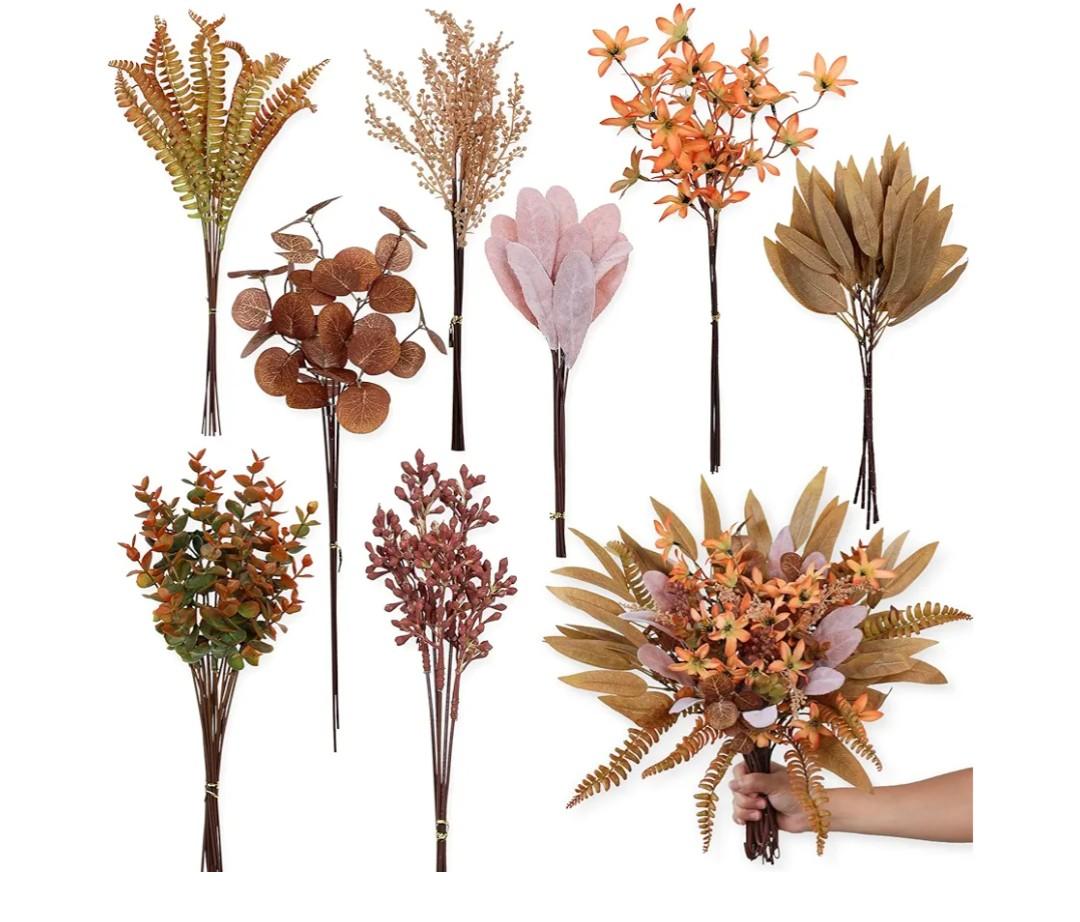 Artificial Greenery Stems Box Set for Fall Decor (Pack of 70pcs) with 8 Kinds of Faux Plants and Fake Flowers for Autumn DIY Wedding Bouquet Table Centerpieces and Floral Arrangement (Brown & Orange)