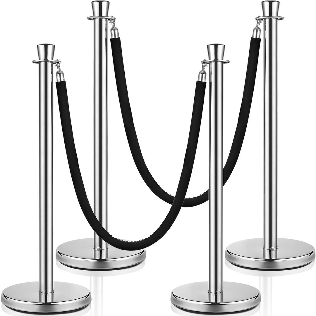 Wesiti 4 Pcs 2026 Wedding Stanchions and Velvet Ropes Set, Silver, Black