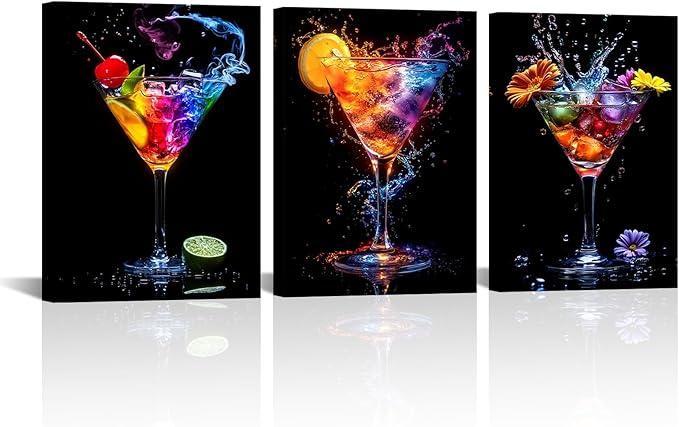 VANSEEING 3 Pieces Cocktail Wall Art Canvas Prints Colorful Sparkling Pictures Artwork Party Decoration Bar Pub Wall Decor Home Kitchen Dining Room Wall Decor 12"x16"x3