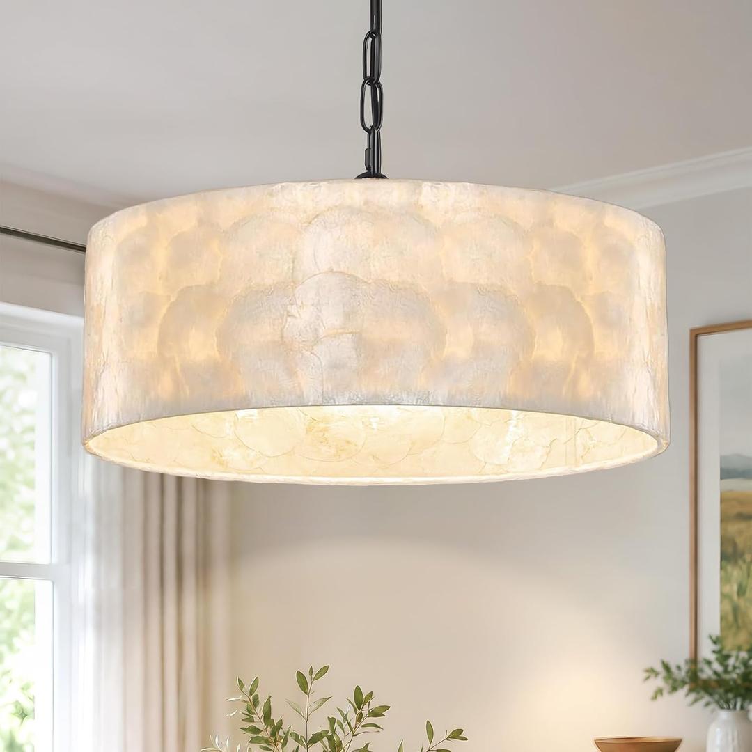 Boho Capiz Shell Drum Chandelier, 18in Black Pendant Light for Dining Room
Handcrafted coastal fixture with adjustable hanging chain, ideal for foyers, bedrooms, bathrooms, and entryway spaces.