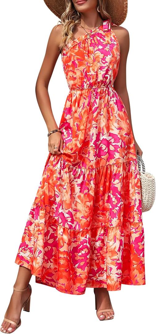 PRETTYGARDEN Women's Summer Floral One Shoulder Maxi Dress Knot Ruffle Boho Beach Vacation Wedding Guest Long Sun Dresses (Orange, S)