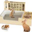 4-in-1 Waterproof Wooden Rabbit Litter Box with Hay Feeder, 2 Food Bowls, and Water Bottle | Large Capacity, Waste-Preventing Design for Rabbits, Guinea Pigs, Chinchillas, and Small Animals