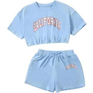 SHENHE Girl's Short Sleeve Letter Graphic 2Pcs Crop Top and Track Shorts Set, 11-12Y