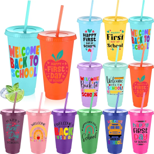 Reallnaive 24 Pcs Back to School Plastic Cups Bulk Gift for Students Teachers 24 oz Reusable Colorful Glitter Tumblers with Lids and Straws for First Day Welcome Party Favors (Vibrant)