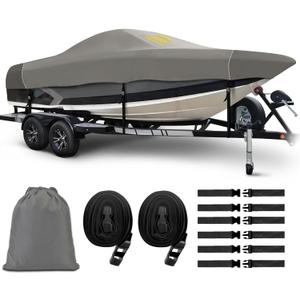 Royrunize 1200d Heavy Duty Waterproof Boat Covers, Boat Cover 20-22 ft with Reinforces Nose Cones, Tear Resistant & Trailable 21 ft Boat Cover for 20 21 22 Foot Bass Boat V-Hull Fishing Ski Boats (Boat Length 20-22 ft, Beam Width up to 102", Light Grey)