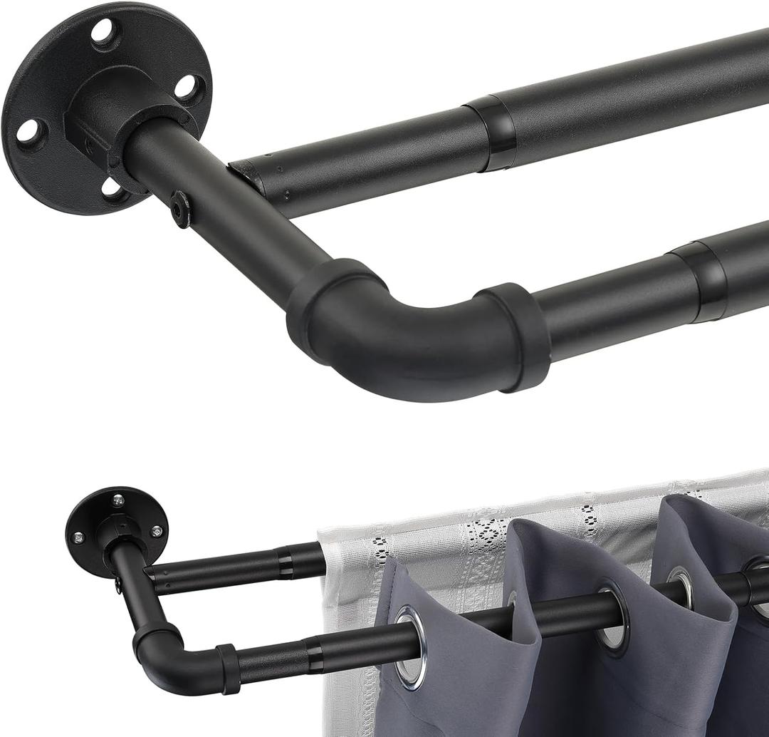 Double Curtain Rods for Windows 28 to 48 inch, 1 inch Matte Black Industrial Curtain Rod Heavy Duty Blackout Wrap Around Curtain Rods (29"-50")