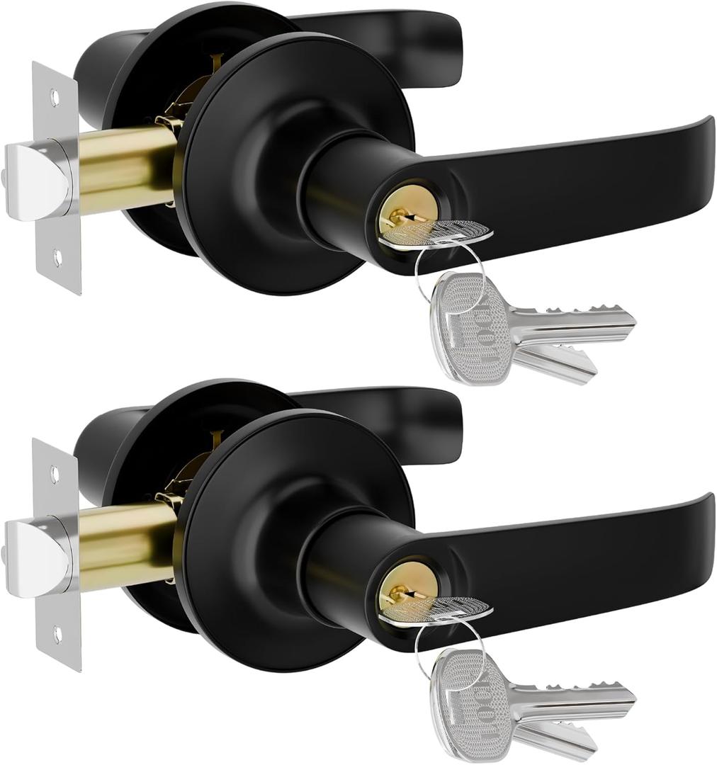 Keyed Alike Door Knob Lock Door Handles with Keys,Front Door Entry Door Lever Lock Set with Single Cylinder Deadbolt Combination Set for Bedrooms,Reversible for Exterior Doors,Black Finished,2Pack