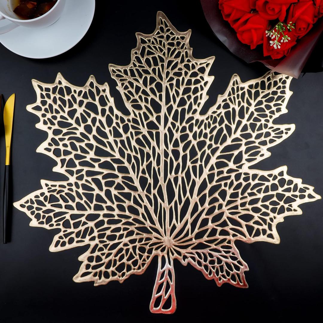 Snowkingdom 6 Pcs Fall Thanksgiving Maple Leaf Placemats, 17"X16" Gold Round Vinyl Table Mats Pressed Metallic Hollow Out Place mats for Autumn Harvest Holiday Party Centerpiece Dining Table