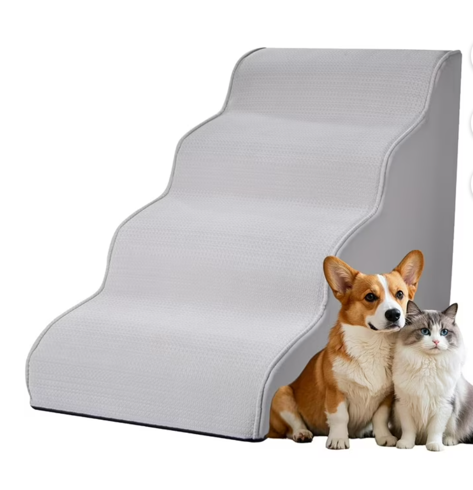 Dog Stairs for Small Dogs 19.7”H,Cowhide-Pattern Flocking Fabric,with Cushioning Support Layer,4-Step Dog Steps for High Bed,Couch,Sofa and Chair,Non-Slip Balanced Pet Ramp Indoor, Gray