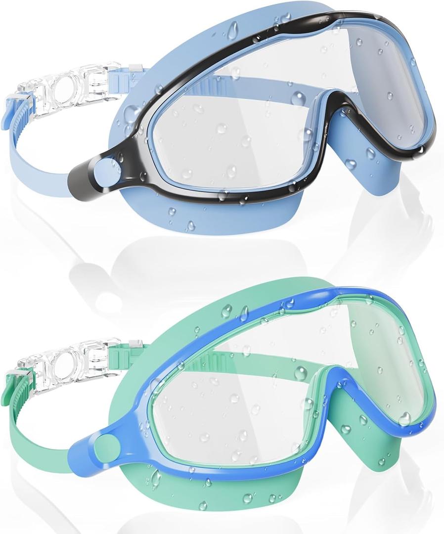 Aegend Swim Goggles for Kids Youth 3-14 - 2 Pack Wide Frame Anti-Fog Anti-UV Clear Vision Goggles for Swimming (Blue & Green)