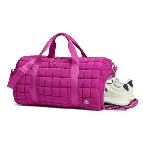Quilted Duffel Bag for Women, Puffer Gym Duffle Bag with Shoe Compartment Lightweight Large Crossbody Sport Bag Travel Tote Fuchsia
