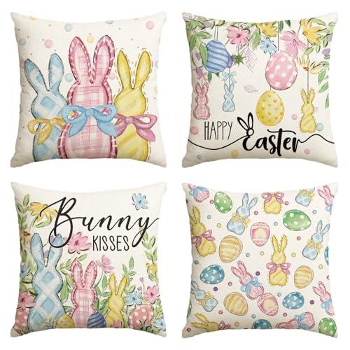 AVOIN colorlife Happy Easter Rabbit Easter Eggs Colorful Flowers Throw Pillow Covers, 18 x 18 Inch Bunny Kisses Eucalyptus Leaves Cushion Case Decoration for Sofa Couch Set of 4