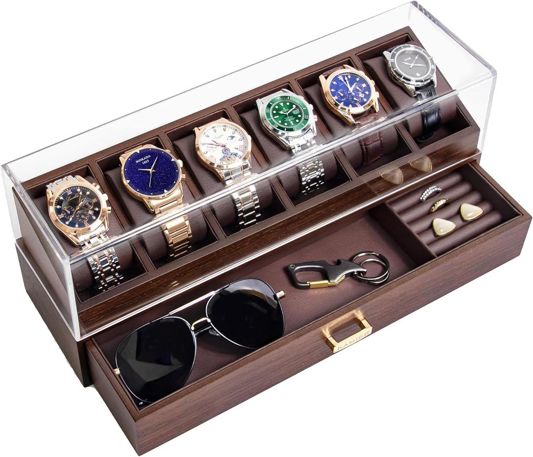 KAMIER High End Wooden Watch Box with 6 Slots & Glass Lid - 2-Layer Jewelry Organizer for Men - Watch Display Case, Ideal Business Gift for Watch Enthusiasts with Gift Box, Walnut
