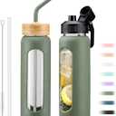 32oz Glass Water Bottle with Straw and 2 Lids-Bamboo and Spout Lid, Borosilicate Glass Water Bottle with Silicone Sleeve and Time Marker,BPA Free & Cupholder Friendly,Olive
