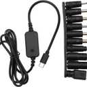 DC Adapter Cable Type C to DC5521 5V/9V/12V/15V/20V Adjustable Voltage DC Digital Display PD Fast Charging Cable for Optical Modem Routers Notebooks (1.2M Cable with 10 DC Converter Heads)