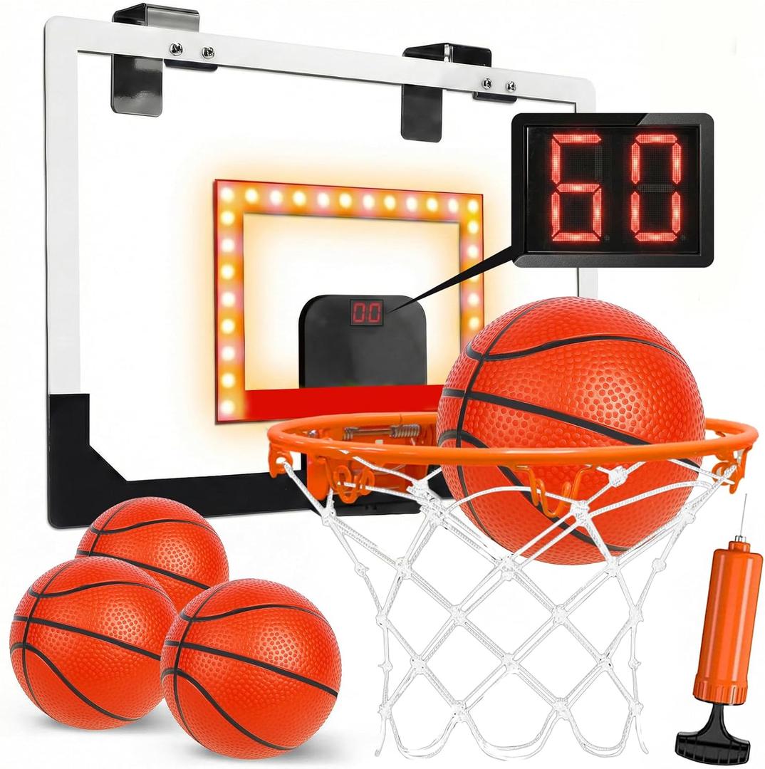 TOY Life Basketball Hoop LED Scoresboard Indoor Basketballhoop Wall Mount Over The Door Backboard for Teens Adults Boys Toys Age 8-10 Games Indoor with 4 Balls, White-score-led